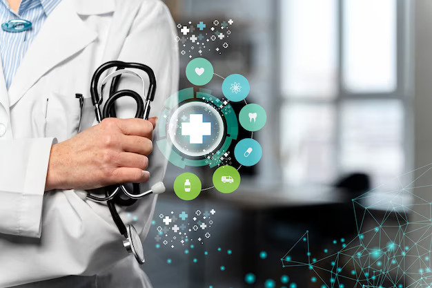 A doctor holding stethoscope and projecting of Healthcare IoT industries